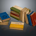 Vintage Old Books With Various Colored Covers Stacked And Placed On Dark Background
