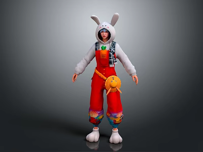 Cartoon Character in Rabbit Costume With Red Overalls Carrot Design White Top And Yellow Bag 3d model