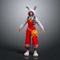 Cartoon Character in Rabbit Costume With Red Overalls Carrot Design White Top And Yellow Bag