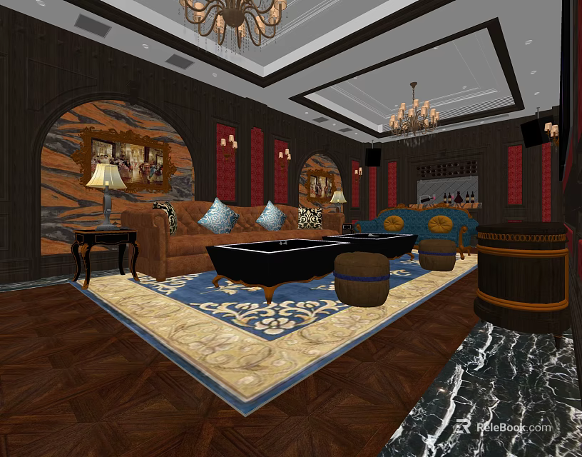 Elegant KTV Lounge Interior Design With Chandeliers Sofa Decorative Paintings And Barrel Stools 3d model 