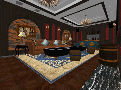 Elegant KTV Lounge Interior Design With Chandeliers Sofa Decorative Paintings And Barrel Stools 3d model