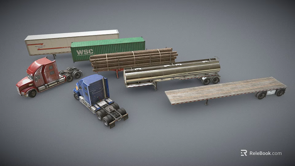 Different Types Of Semi Trucks With Container Log Tanker And Flatbed Trailers 3d model 