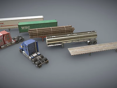 Different Types Of Semi Trucks With Container Log Tanker And Flatbed Trailers 3d model