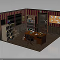 Vintage Office Interior With Striped Wallpaper Window Blinds Bookshelf Desk Refrigerator And Bulletin Board