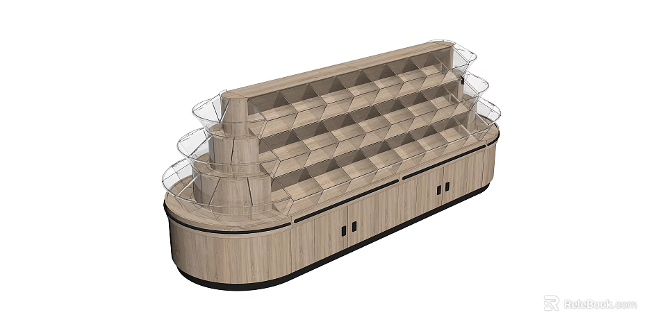 Wooden Display Shelving With Multiple Layered Compartments And Transparent Side Racks 3d model