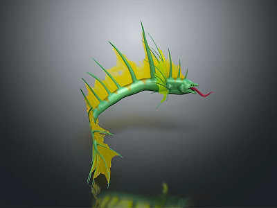 3D Rendered Green and Yellow Seahorse With Curved Body Red Tongue and Reflection 3d model