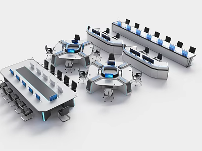 Modern Function Desks with Multiple Monitors and Ergonomic Chairs for Control Rooms 3d model