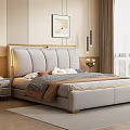 Modern Elegant Double Bed With Light Gray Upholstered Headboard Gold Trim And Cozy Bedroom Interior