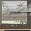 Venetian Blinds Covering Window with Outdoor Trees and Indoor Potted Plant on Windowsill