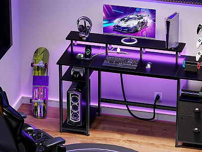 Gaming Desk Setup With Monitor Headphones Purple LED Lighting And PC Tower 3d model