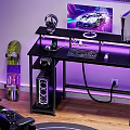 Gaming Desk Setup With Monitor Headphones Purple LED Lighting And PC Tower