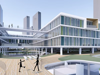 Modern School Building With Glass Curtain Walls Connecting Sky Bridges And Outdoor Activity Areas 3d model