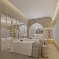 Serene SPA Sauna Interior With Treatment Bed Bathtub Arched Mirror And Neutral Tone Soft Lighting