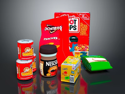Beverages Display With Nescafé Canned Coffee Boxed Orange Juice And Snacks 3d model