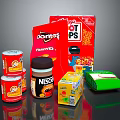 Beverages Display With Nescafé Canned Coffee Boxed Orange Juice And Snacks