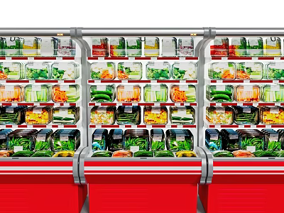 Open Display Refrigerators With Red Bases Featuring Neatly Arranged Packaged Vegetables And Fruits 3d model
