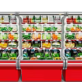 Open Display Refrigerators With Red Bases Featuring Neatly Arranged Packaged Vegetables And Fruits