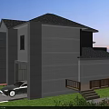 Two Story Detached Villa with Gray Roof Large Glass Windows Terrace and White Lounge Chairs
