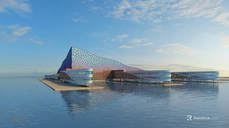 Unique Waterfront Building with Geometric Shape Colorful Glass Facade and Water Reflection under Blue Sky 3d model 