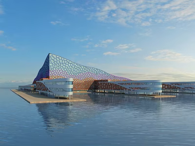 Unique Waterfront Building with Geometric Shape Colorful Glass Facade and Water Reflection under Blue Sky 3d model