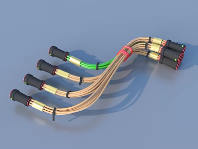 Colored Cable Harness With Multiple Wires Black Connectors And Red Ties 3d model
