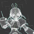 Female Robot Character With Black White Design Large Yellow Eyes Bow And Cup