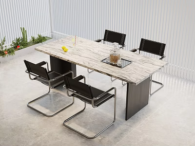 Modern Marble Dining Table With Black Chairs Lemon And Glass Container In Bright Room 3d model