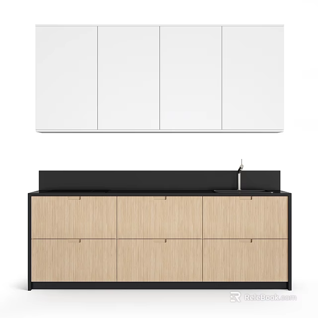 Modern Kitchen Cabinets With White Upper Units Wooden Lower And Black Countertop Sink Faucet 3d model 