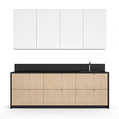 Modern Kitchen Cabinets With White Upper Units Wooden Lower And Black Countertop Sink Faucet 3d model
