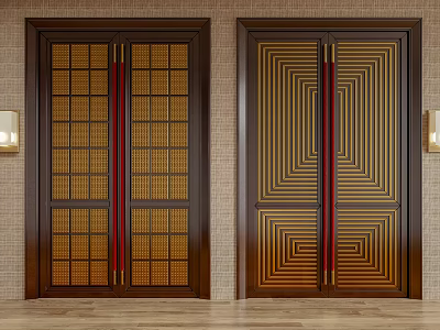 Elegant Wooden Double Doors With Grid Design Red Lines And Geometric Pattern 3d model