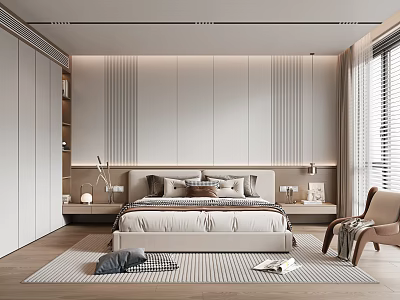 Modern Minimalist Bedroom Interior Design With Striped Accent Wall Cozy Pillows And Large Windows 3d model