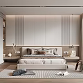 Modern Minimalist Bedroom Interior Design With Striped Accent Wall Cozy Pillows And Large Windows