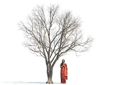 Person In Full Red Traditional Dress Standing Beside Tall Leafless Tree 3d model
