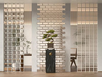 Elegant Room Dividers With Glass Grid Brick Wall Wooden Lattice And Potted Plant On Pedestal 3d model