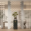 Elegant Room Dividers With Glass Grid Brick Wall Wooden Lattice And Potted Plant On Pedestal