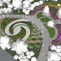 Scenic Park Landscape With Spiral Path Colorful Structures Green Plants And Flowers