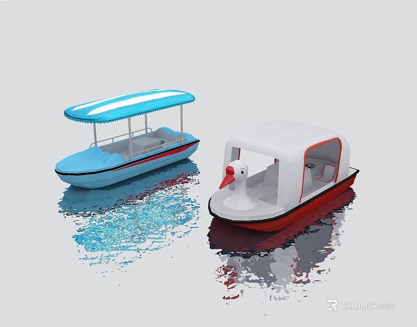 Two Wooden Boats With Blue And White Canopies Floating On Calm Water With Reflections 3d model 