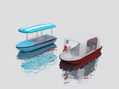 Two Wooden Boats With Blue And White Canopies Floating On Calm Water With Reflections 3d model