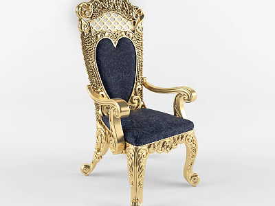 Ornate Golden Carved Leisure Chair With Deep Blue Cushion And Classic Design 3d model