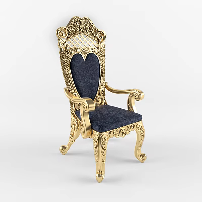 Ornate Golden Carved Leisure Chair With Deep Blue Cushion And Classic Design 3d model
