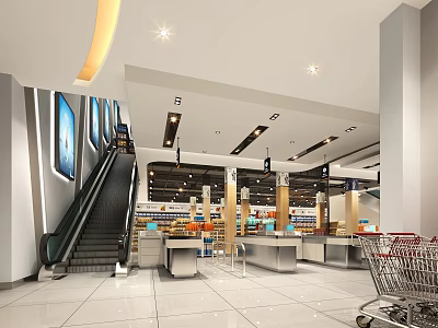 Supermarket Department Store Interior Featuring Bright Lighting Shopping Cart Checkout Counters Shelves And Escalator 3d model