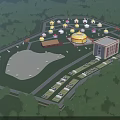 Scenic Forested Campsite With Green Lawn Dome Tents Parking Area And Modern Buildings