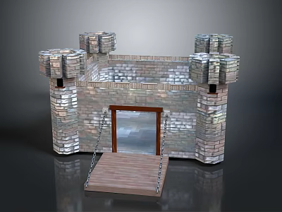 Medieval Castle Model With Stone Brick Walls Four Towers Wooden Drawbridge And Glass Door 3d model