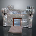 Medieval Castle Model With Stone Brick Walls Four Towers Wooden Drawbridge And Glass Door