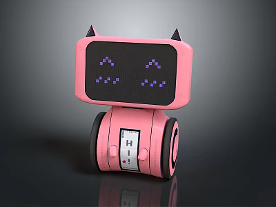 Pink Robot With Cat Ears And Pixel Face Display On Rolling Wheels 3d model