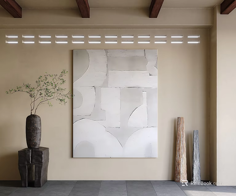 Abstract Painting On Beige Wall With Green Plant Vase And Decorative Pillars 3d model 