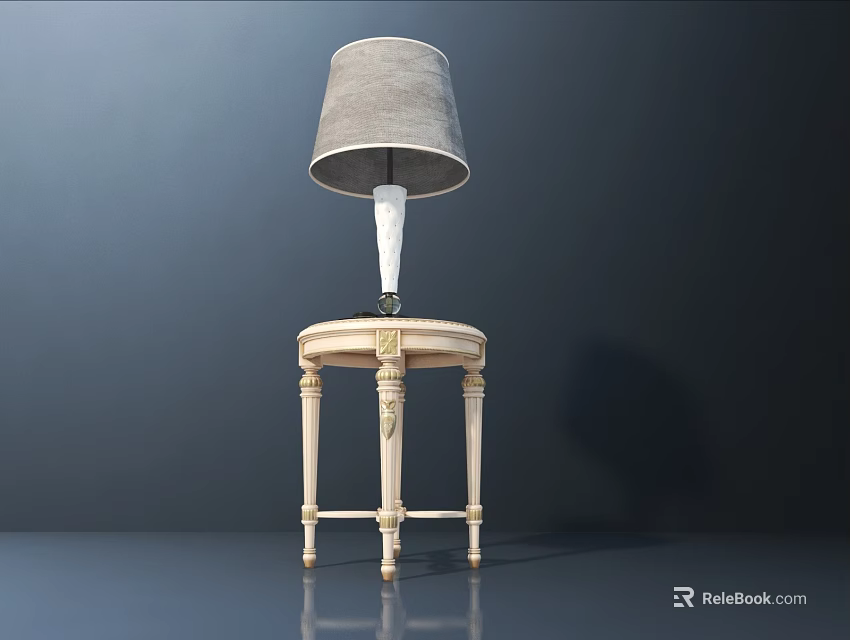 Elegant Light Colored Side Table With Carved Details And Gray Lampshade White Base 3d model 