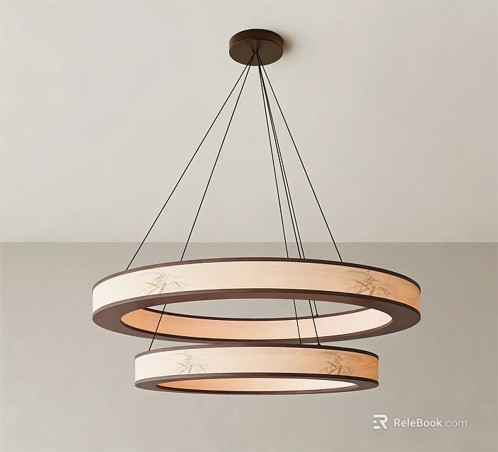 Modern Double Ring Wooden Chandelier With Light Brown Finish And Decorative Patterns Hanging From Ceiling 3d model 