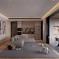 Modern Living Dining Room Interior With Brown Sofa Dining Table Wooden Floor And Large Window View