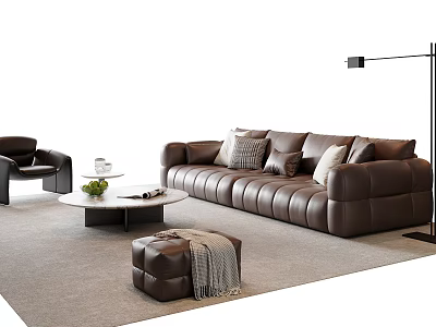 Brown Leather Sofa with Multiple Cushions and Coffee Table Set in Modern Living Room 3d model